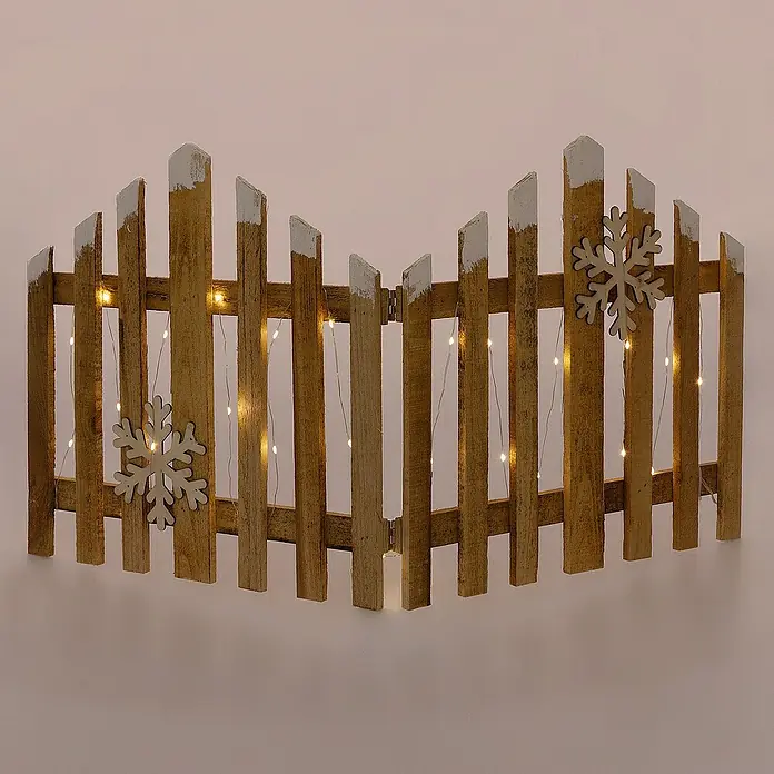 ECD Germany LED-Weihnachtsdekofigur Deko Holz Zaun Mini Gartenzaun Mini-Lattenzaun mit LED Winter Gatter - 2 x 77 x 38 cm, Braun, Akkubetrieben, LED - Dekorative Miniatur-Weihnachtsbaumumzäunung aus Holz mit weißen Akzenten und zarten Lichtern für festliche Stimmung.