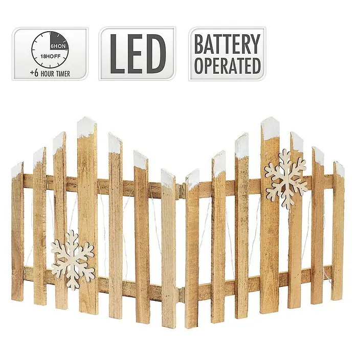 ECD Germany LED-Weihnachtsdekofigur Deko Holz Zaun Mini Gartenzaun Mini-Lattenzaun mit LED Winter Gatter - 2 x 77 x 38 cm, Braun, Akkubetrieben, LED - Dekorative, batteriebetriebene LED-Holzzaun-Szene mit Schneeflocken und 6-Stunden-Timer für eine festliche Atmosphäre.
