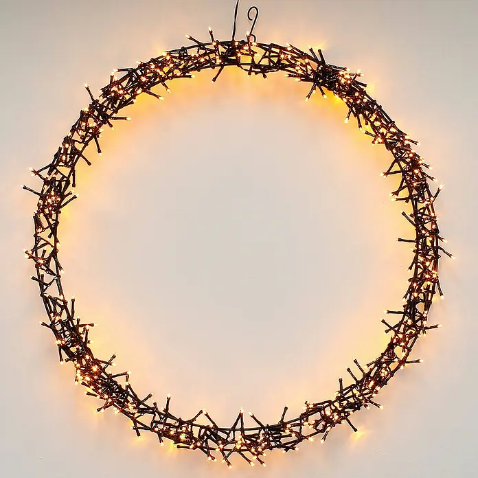 ECD Germany LED-Weihnachtsdekofigur Wandkranz Hängekranz Weihnachts Kranz Lichterkranz Dekorationskranz - 58 x 6,5 x 58 cm, Schwarz, Netzbetrieben, LED - Ein beleuchteter, runder LED-Lichterkranz mit warmweißen Lichtern, der eine festliche Atmosphäre verbreitet und eine einladende Dekoration darstellt.