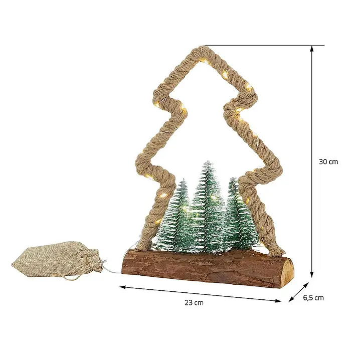 ECD Germany LED-Weihnachtsdekofigur Dekobaum beleuchtete Winterlandschaft Tannenbaum Deko Holzbaum - 23 x 6,5 x 30 cm, Braun, Grün, Akkubetrieben, LED - Dekorative Weihnachtsbaum-Szene mit Seilumriss und Baumgruppe auf Holzsockel, inklusive Maße.