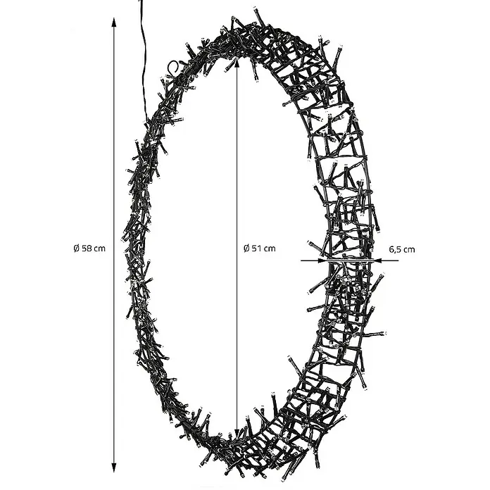 ECD Germany LED-Weihnachtsdekofigur Wandkranz Hängekranz Weihnachts Kranz Lichterkranz Dekorationskranz - 58 x 6,5 x 58 cm, Schwarz, Netzbetrieben, LED - Abbildung eines kreisförmigen LED-Lichterrahmens mit Maßangaben zu Durchmesser und Dicke.