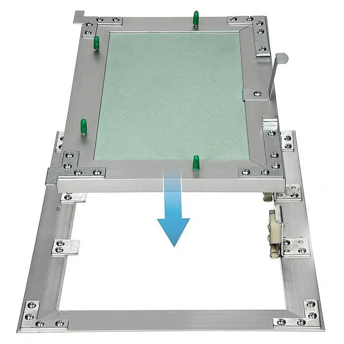 ECD Germany Montagezubehör für Trockenbau Reinigungsklappe 200x250mm Aluminium/Grün Wand/Decke integrierbar - Passend für: Wartungs- und Revisionsöffnungen, Hohlräume mit Anschlüssen, Feuchträume (Badezimmer, Küche, Nassbereiche) - Revisionsklappe mit grüner Platte und Pfeil nach unten zur Veranschaulichung des Absenkens für eine einfache Installation und Wartung.