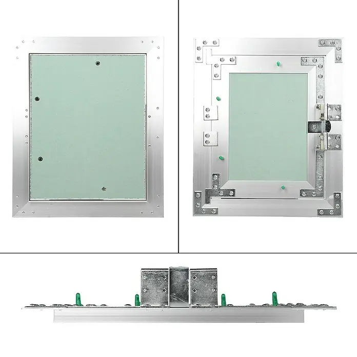 ECD Germany Montagezubehör für Trockenbau Reinigungsklappe 200x250mm Aluminium/Grün Wand/Decke integrierbar - Passend für: Wartungs- und Revisionsöffnungen, Hohlräume mit Anschlüssen, Feuchträume (Badezimmer, Küche, Nassbereiche) - Revisionsklappe mit Aluminiumrahmen und Gipskartonplatte. Die Klappe ist von vorne und hinten sowie von der Seite abgebildet.