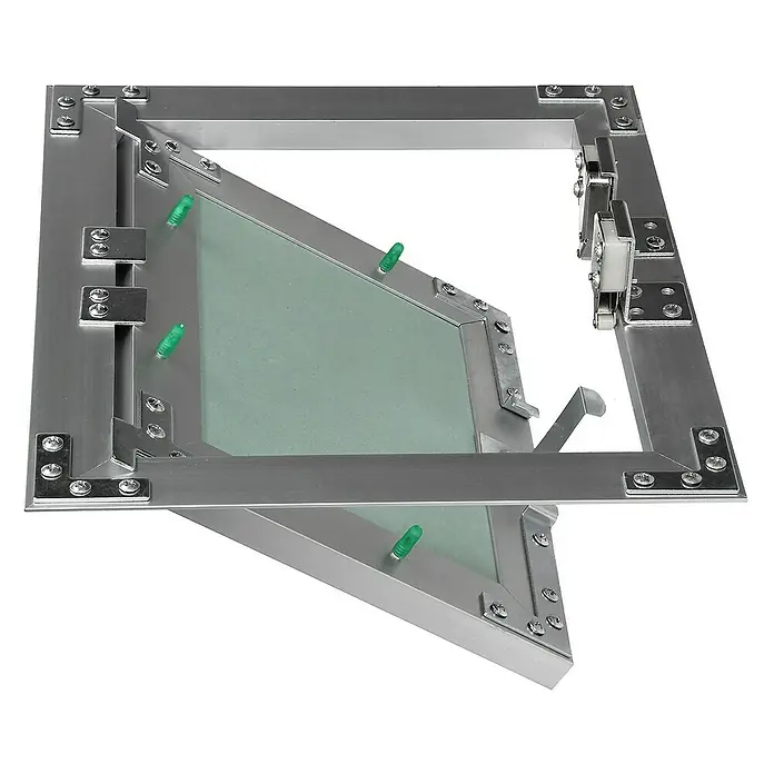 ECD Germany Montagezubehör für Trockenbau Reinigungsklappe 200x250mm Aluminium/Grün Wand/Decke integrierbar - Passend für: Wartungs- und Revisionsöffnungen, Hohlräume mit Anschlüssen, Feuchträume (Badezimmer, Küche, Nassbereiche) - Revisionsklappe aus Metall mit grünen Dübeln und sichtbaren Schrauben, teilweise geöffnet.