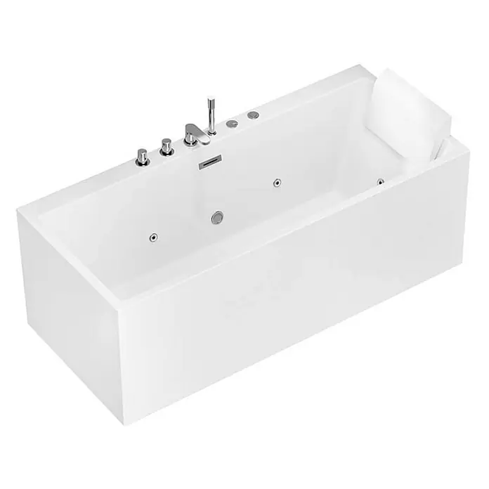 Home Deluxe Eckbadewanne AMBER inkl. Whirlpool-Funktion - Weiß - Diese Aufnahme zeigt eine moderne, rechteckige Whirlpool-Badewanne in Weiß mit Armaturen und Kopfstütze. Ideal für entspannende Bäder.