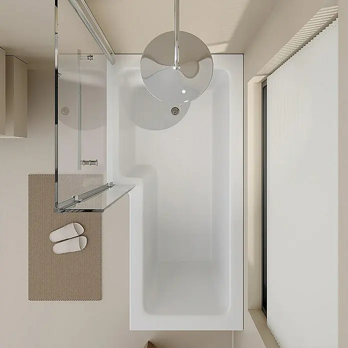 Home Deluxe Eckbadewanne ELARA -  - Badezimmer-Ansicht von oben mit einer Badewanne, einem Duschkopf und einer Duschabtrennung aus Glas für ein modernes Design.
