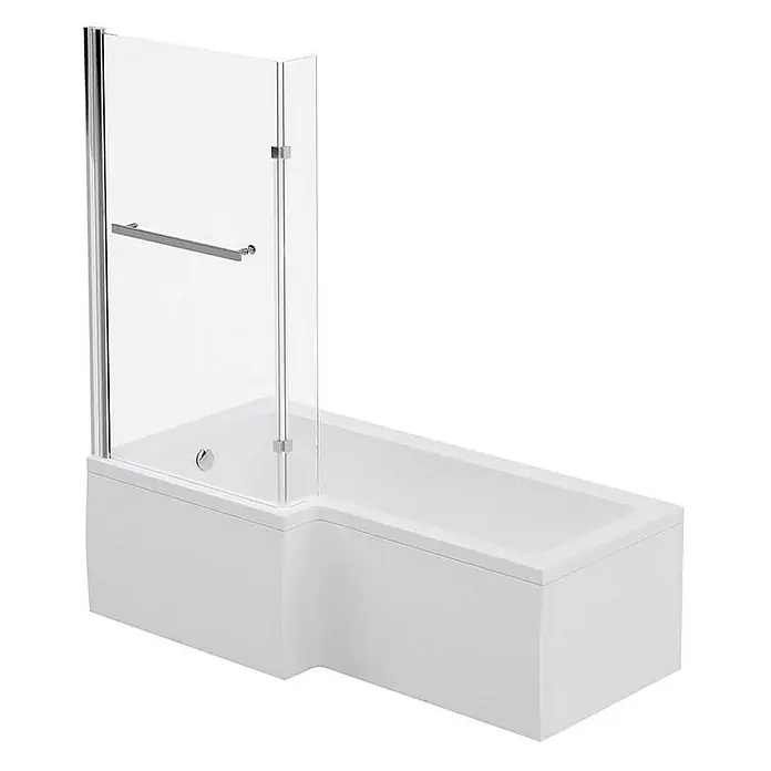 Home Deluxe Eckbadewanne ELARA -  - Dieses Bild zeigt eine moderne, weiße L-förmige Badewanne mit einer Duschwand aus Glas und einem Griff. Das Design ist schlicht und elegant.