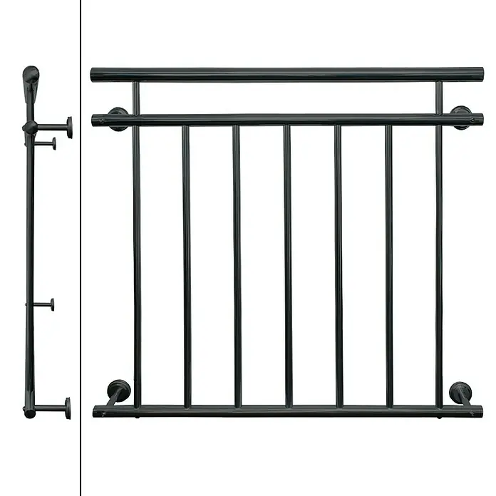 ECD Germany Fenstergitter Französischer Balkon Balkongeländer Balkongitter Fenstergitter -  - Abbildung eines schwarzen Metallgeländers mit vertikalen Stäben und seitlicher Ansicht zur Detaildarstellung.