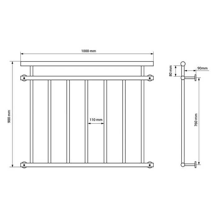 ECD Germany Fenstergitter Französischer Balkon Balkongeländer Balkongitter Fenstergitter -  - Abbildung eines Metallgeländers mit den Maßen 1000 mm Breite und 900 mm Höhe, Sprossenabstand 110 mm, Seitenansicht mit 760 mm Höhe.