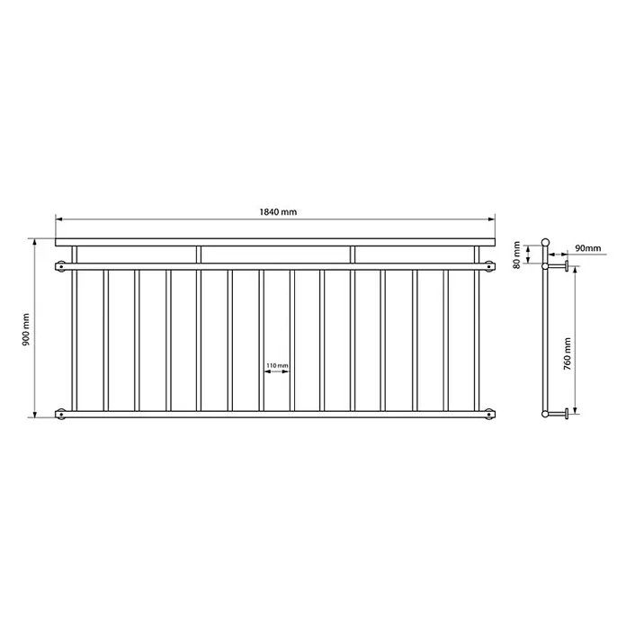 ECD Germany Fenstergitter Französischer Balkon Balkongeländer Balkongitter Fenstergitter -  - Technische Zeichnung eines Geländers mit den Maßen 1840 mm breit und 900 mm hoch, Detailansicht mit 760 mm Höhe und 90 mm Tiefe.