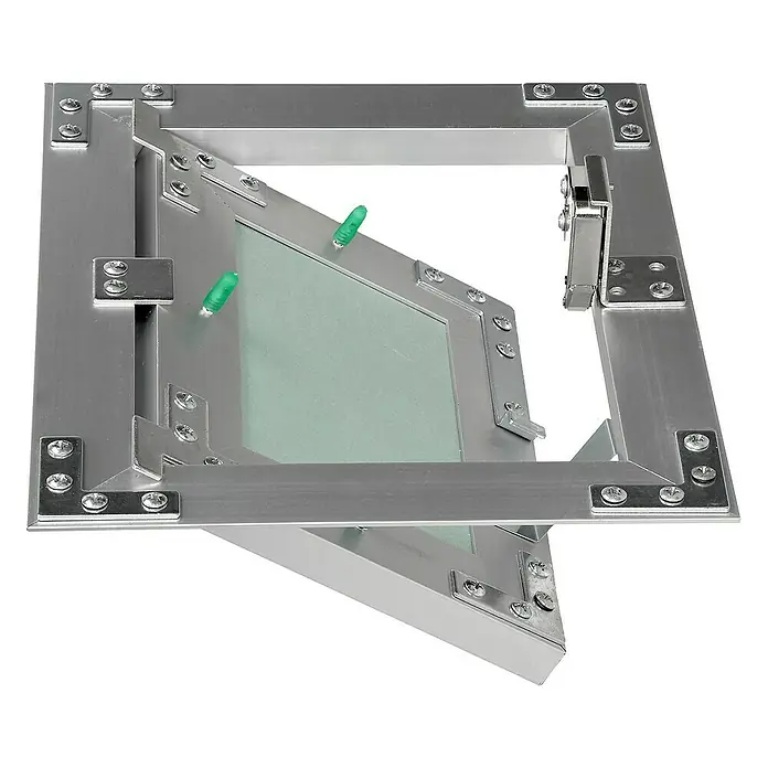 ECD Germany Montagezubehör für Trockenbau Reinigungsklappe 150x200mm Aluminium/Grün Wand/Decke integrierbar - Passend für: Wartungs- und Revisionsöffnungen, Hohlräume mit Anschlüssen, Feuchträume (Badezimmer, Küche, Nassbereiche) - Bild einer Revisionsklappe aus Aluminium, die teilweise geöffnet ist und Einblick in das Innere gewährt.