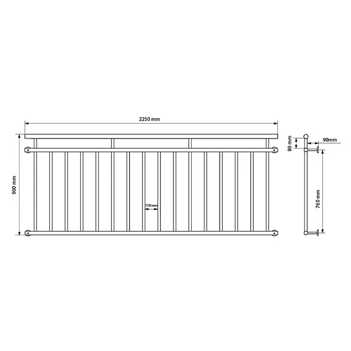 ECD Germany Fenstergitter Französischer Balkon Balkongeländer Balkongitter Fenstergitter -  - Technische Zeichnung eines Geländers mit Maßen.