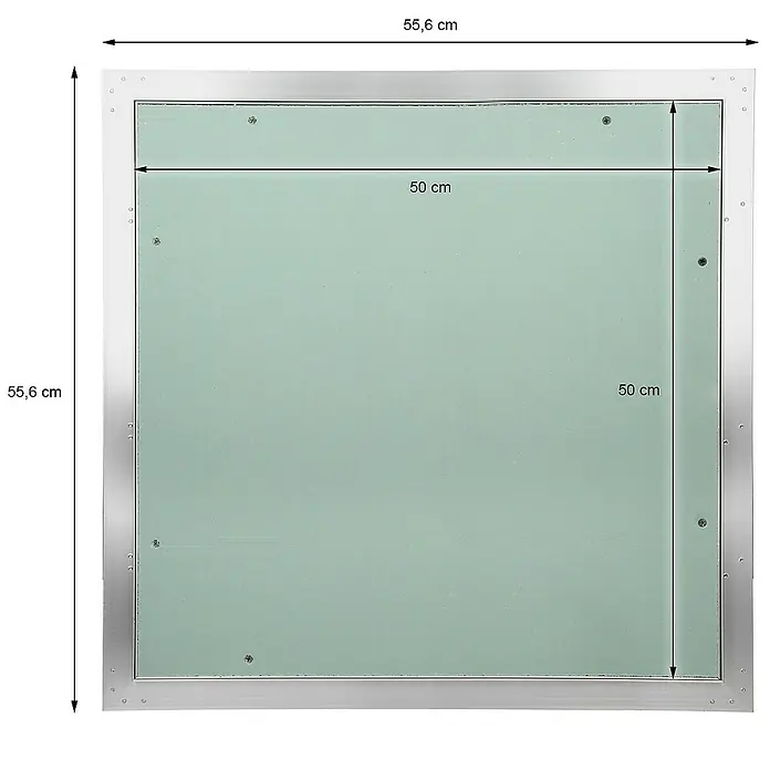 ECD Germany Montagezubehör für Trockenbau Reinigungsklappe 500x500mm Aluminium/Grün Wand/Decke integrierbar - Passend für: Wartungs- und Revisionsöffnungen, Hohlräume mit Anschlüssen, Feuchträume (Badezimmer, Küche, Nassbereiche) - Das Bild zeigt eine Revisionsklappe mit den Maßen 55,6 x 55,6 cm und einer Innenfläche von 50 x 50 cm. Die Klappe ist aus Metall gefertigt.