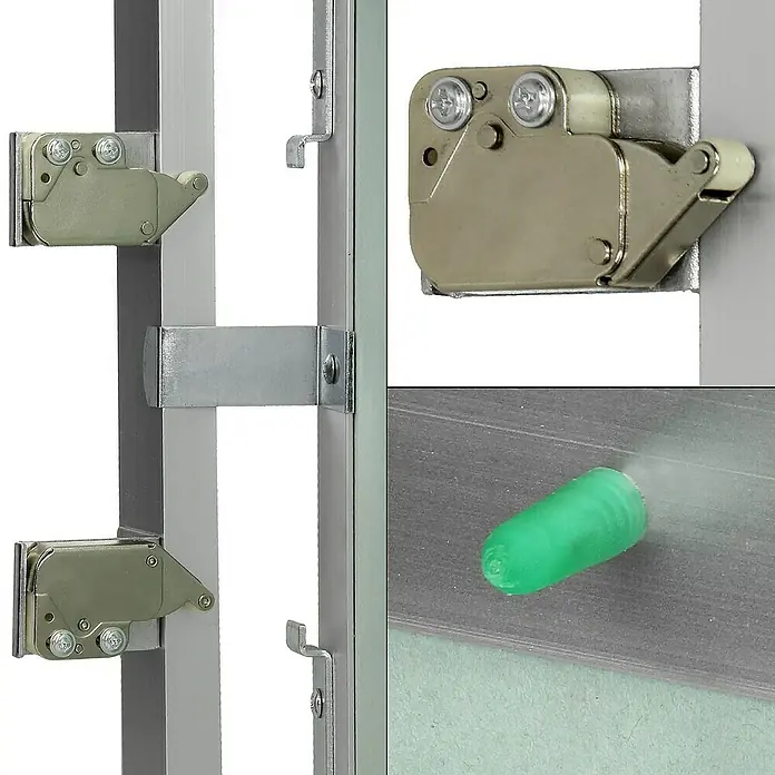 ECD Germany Montagezubehör für Trockenbau Reinigungsklappe 500x500mm Aluminium/Grün Wand/Decke integrierbar - Passend für: Wartungs- und Revisionsöffnungen, Hohlräume mit Anschlüssen, Feuchträume (Badezimmer, Küche, Nassbereiche) - Nahaufnahme eines Drehriegelverschlusses an einer Tür. Ideal für Möbel oder Schranktüren, da er einen sicheren Verschluss bietet.