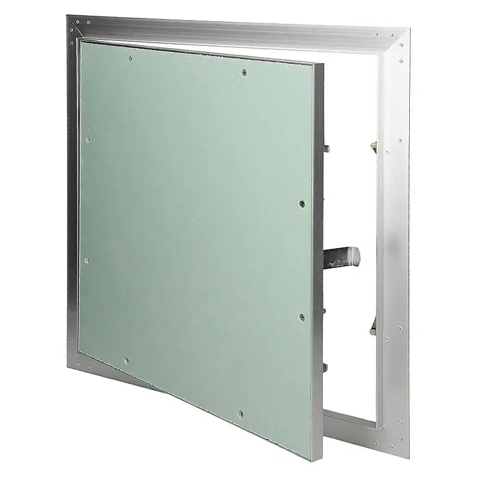 ECD Germany Montagezubehör für Trockenbau Reinigungsklappe 500x500mm Aluminium/Grün Wand/Decke integrierbar - Passend für: Wartungs- und Revisionsöffnungen, Hohlräume mit Anschlüssen, Feuchträume (Badezimmer, Küche, Nassbereiche) - Zugangstür mit Rahmen aus Aluminium und grüner Platte. Die Tür ist leicht geöffnet und gibt den Blick ins Innere frei.