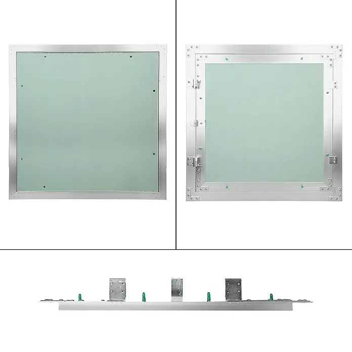 ECD Germany Montagezubehör für Trockenbau Reinigungsklappe 500x500mm Aluminium/Grün Wand/Decke integrierbar - Passend für: Wartungs- und Revisionsöffnungen, Hohlräume mit Anschlüssen, Feuchträume (Badezimmer, Küche, Nassbereiche) - Eine Revisionsklappe aus Metall mit grünlicher Türfüllung.  Das Produkt ist in verschiedenen Ansichten dargestellt.