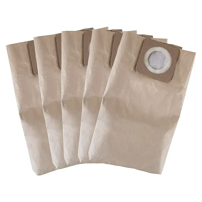 Scheppach Staubsaugerbeutel - 5 Stk., Passend für: Scheppach Nass-Trockensauger VC25/VC30 und Waschsauger SprayVac20 - Eine Reihe von Staubsaugerbeuteln aus Papier mit braunen Befestigungen präsentiert.