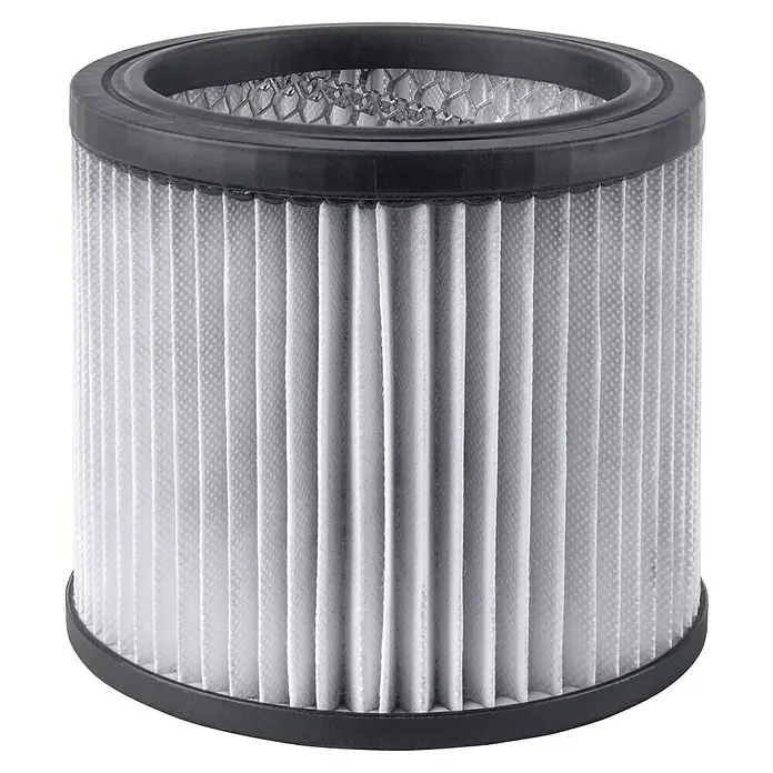 Scheppach Faltenfilter - Passend für: Scheppach Nass-Trockensauger VC30 Premium/VC50 - Abgebildeter Luftfilter in zylindrischer Form mit schwarzem Rahmen. Das Filter ist gefaltet und in einem einwandfreien Zustand.
