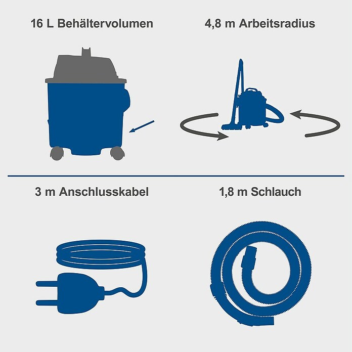 Scheppach Elektro-Nass- & Trockensauger VC16 (1 200 W, Behältervolumen: 16 l, Manuell) | BAUHAUS