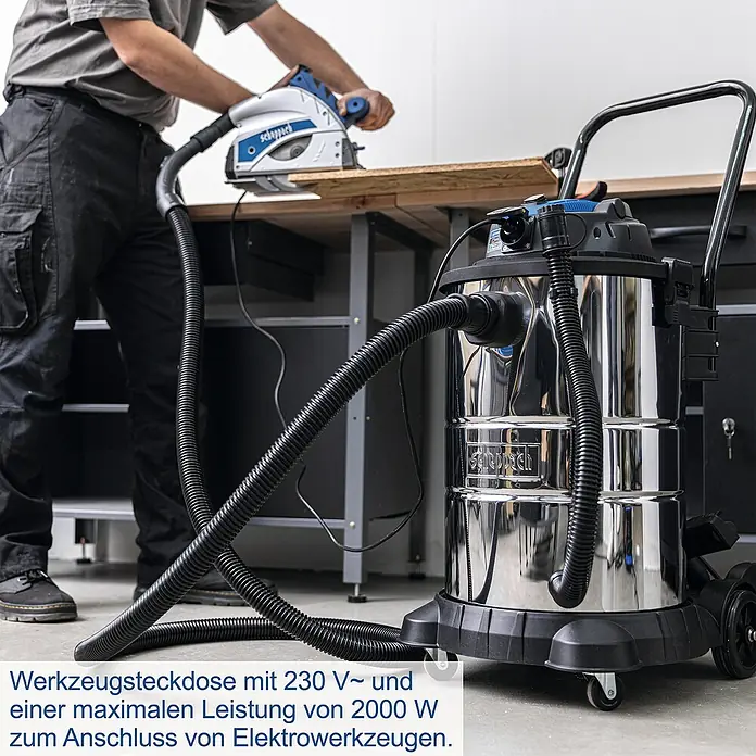 Scheppach Elektro-Nass- & Trockensauger VC50 - Behältervolumen: 50 l, Manuell - Werkzeugsauger im Einsatz mit 230V Steckdose und 2000W Leistung zum Anschluss von Elektrowerkzeugen für eine saubere Arbeitsumgebung.