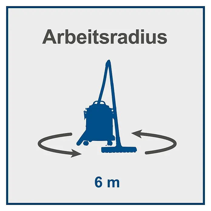 Scheppach Elektro-Nass- & Trockensauger VC20 - 1.300 W, Behältervolumen: 20 l, Manuell - Illustration eines Industriesaugers mit Angabe des Arbeitsradius von 6 Metern.
