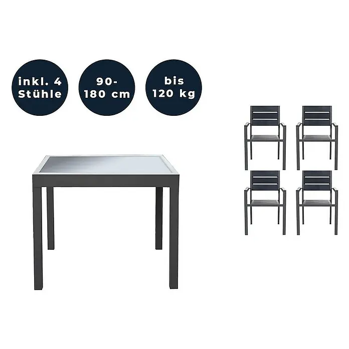 Home Deluxe Gartentisch-Set VERANO MADERA - Tisch inkl. 4 Stühlen - Gesamtumfang: 5 -tlg., Ausziehbar - Bild einer Gartentischgruppe mit grauem Tisch und vier Stühlen. Die Gruppe ist modern und stilvoll gestaltet.