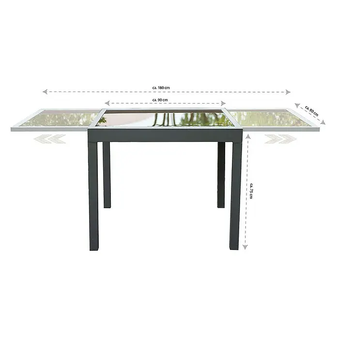 Home Deluxe Gartentisch-Set VERANO MADERA - Tisch inkl. 4 Stühlen - Gesamtumfang: 5 -tlg., Ausziehbar - Bild eines grauen Gartentisches mit ausziehbarer Tischplatte und Maßangaben.