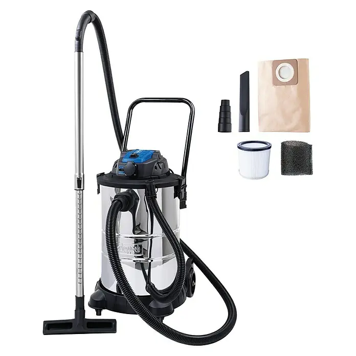 Scheppach Elektro-Nass- & Trockensauger VC50 - Behältervolumen: 50 l, Manuell - Der Scheppach Industriesauger mit Zubehör. Der Sauger ist aus Edelstahl und hat einen schwarzen Schlauch. Zubehör wie Filter und Düsen sind enthalten.