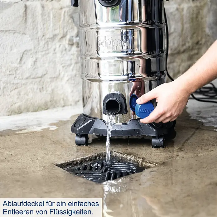 Scheppach Elektro-Nass- & Trockensauger VC30 Premium - 1.500 W, Behältervolumen: 30 l, Halbautomatisch - Entleeren Sie Flüssigkeiten einfach mit dem Ablaufdeckel des Scheppach Nass-Trockensaugers für eine mühelose Reinigung.