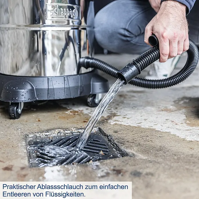 Scheppach Elektro-Nass- & Trockensauger VC50 - Behältervolumen: 50 l, Manuell - Praktischer Ablassschlauch für die einfache Entleerung von Flüssigkeiten mit dem Scheppach Nass-Trockensauger.