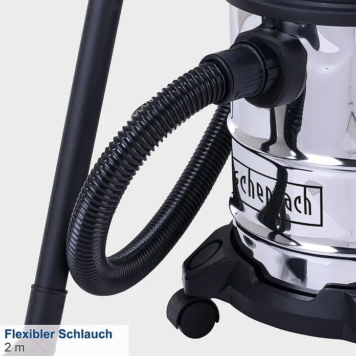 Scheppach Elektro-Nass- & Trockensauger VC20 - 1.300 W, Behältervolumen: 20 l, Manuell - Abbildung eines flexiblen Staubsaugerschlauchs, der sich an den Staubsauger anschließt. Der Schlauch ist schwarz und gerippt.