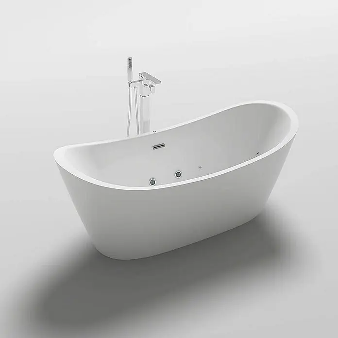 Home Deluxe Freistehende Badewanne OVALO PLUS - Weiß - Freistehende Badewanne in Weiß mit Armatur und Whirlpool-Funktion für entspannende Momente im Badezimmer.