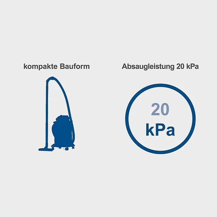 Scheppach Elektro-Nass- & Trockensauger VC25 - Behältervolumen: 25 l, Manuell - Abbildung eines Staubsaugers mit der Aufschrift "kompakte Bauform" und "Absaugleistung 20 kPa".