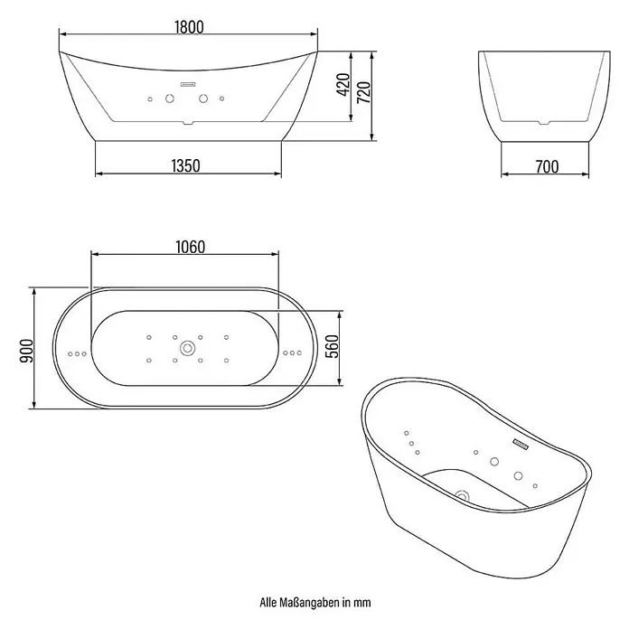 Home Deluxe Freistehende Badewanne OVALO PLUS - Weiß - Produktzeichnung einer freistehenden Badewanne mit Bemaßungen. Die Badewanne ist oval und hat eine moderne Form.