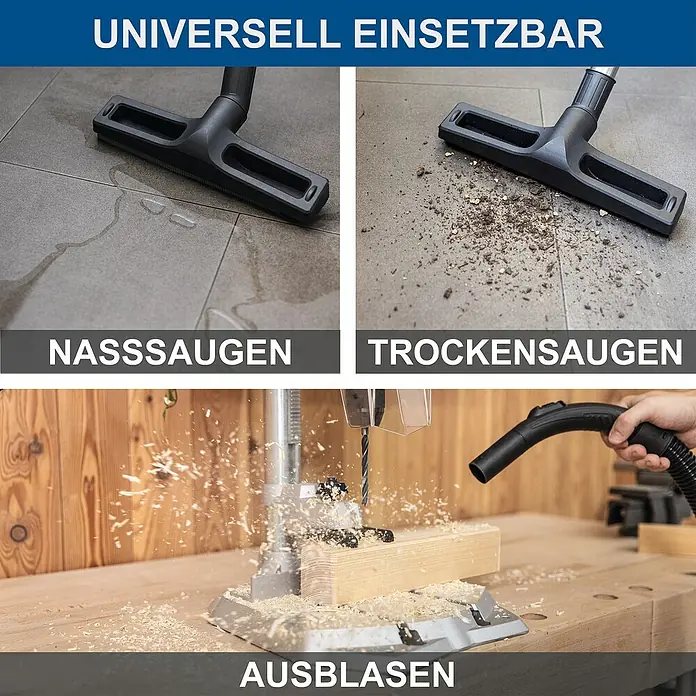 Scheppach Elektro-Nass- & Trockensauger VC30 Premium - 1.500 W, Behältervolumen: 30 l, Halbautomatisch - Das Bild zeigt einen Staubsauger, der vielseitig einsetzbar ist. Er kann nass und trocken saugen sowie ausblasen.
