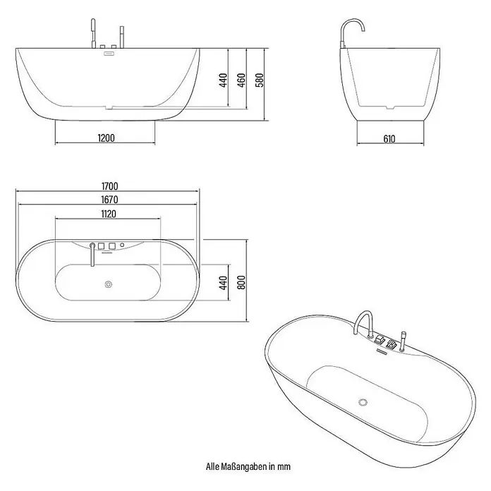 Home Deluxe Freistehende Badewanne LENI inkl. schwarzer Armatur - Weiß Schwarz - Zeichnung einer freistehenden Badewanne mit Maßangaben in Millimetern für Sanitärinstallateure.