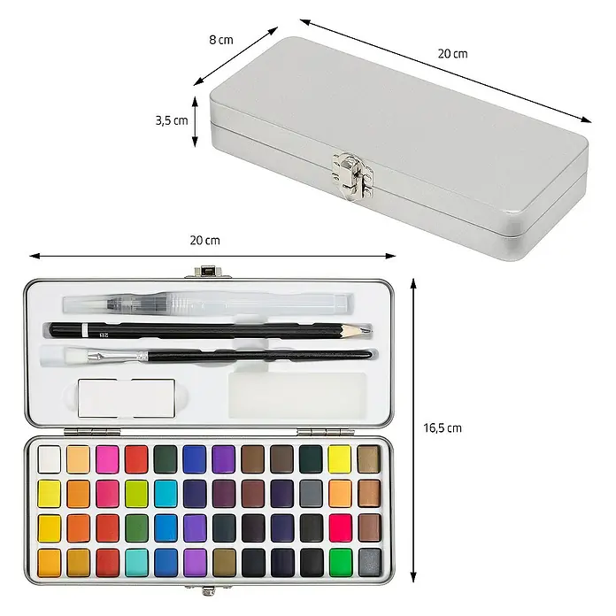 ECD Germany Aquarellfarben-Set 48 Farben, Pinsel, Bleistift 2B, Aquarellstift - Silber - Bild eines Aquarellfarben-Sets in einer silbernen Metallbox mit Pinsel, Bleistift und Schwamm. Die offene Box zeigt eine Farbpalette.