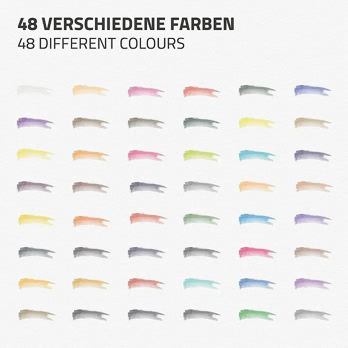 ECD Germany Aquarellfarben-Set 48 Farben, Pinsel, Bleistift 2B, Aquarellstift - Silber - Produktbild mit 48 verschiedenen Farbmarkierungen, die eine breite Palette an Farbtönen für künstlerische Anwendungen zeigen.