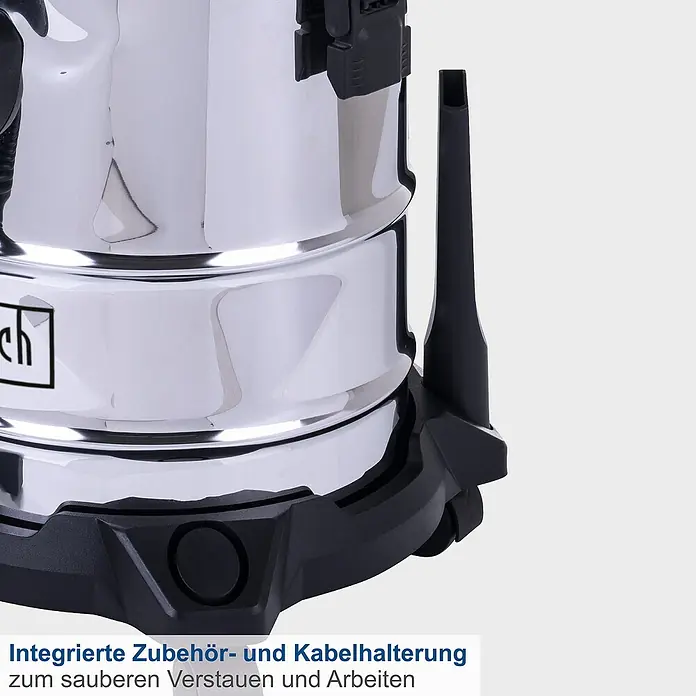 Scheppach Elektro-Nass- & Trockensauger VC20 - 1.300 W, Behältervolumen: 20 l, Manuell - Integrierte Zubehör- und Kabelhalterung eines Staubsaugers für sauberes Verstauen und Arbeiten.