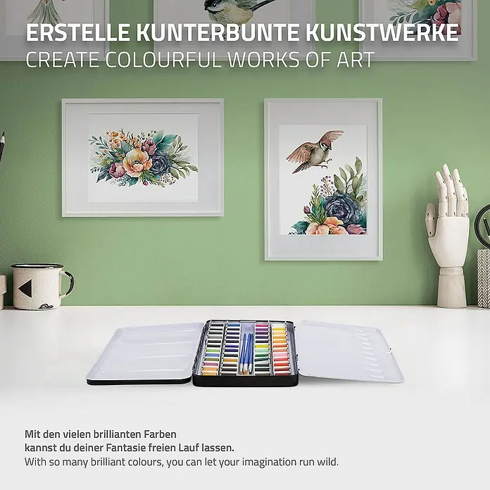 ECD Germany Aquarellfarben-Set 48 Farben, Pinsel, Bleistift 2B, Aquarellstift - Mehrfarbig - Aquarellfarben-Set zum Erstellen farbenfroher Kunstwerke, ideal für Künstler und Hobbymaler, um ihrer Fantasie freien Lauf zu lassen.