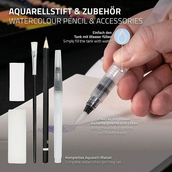 ECD Germany Aquarellfarben-Set 48 Farben, Pinsel, Bleistift 2B, Aquarellstift - Silber - Aquarellstift-Set mit Zubehör: Pinsel, Bleistift, Radiergummi und Wasserstift für kreative Kunstprojekte.