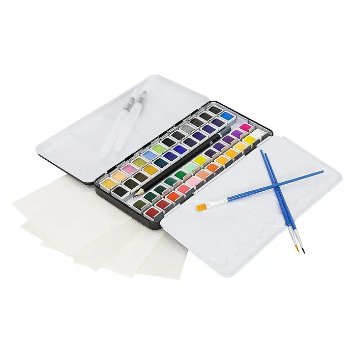 ECD Germany Aquarellfarben-Set 48 Farben, Pinsel, Bleistift 2B, Aquarellstift - Mehrfarbig - Ein offener Aquarellfarbkasten mit Pinseln, Papier und Wassertanks.