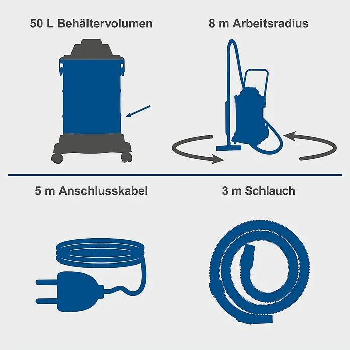 Scheppach Elektro-Nass- & Trockensauger VC50 - Behältervolumen: 50 l, Manuell - Illustration eines Staubsaugers mit Details zu Behältervolumen, Arbeitsradius, Anschlusskabel und Schlauchlänge.