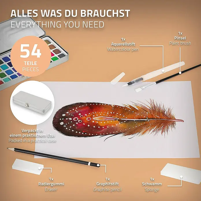 ECD Germany Aquarellfarben-Set 48 Farben, Pinsel, Bleistift 2B, Aquarellstift - Silber - Aquarellfarben-Set mit 54 Teilen, inklusive Pinsel, Bleistift, Radiergummi und Schwamm. Ideal für Künstler und Anfänger, verpackt in praktischem Etui.