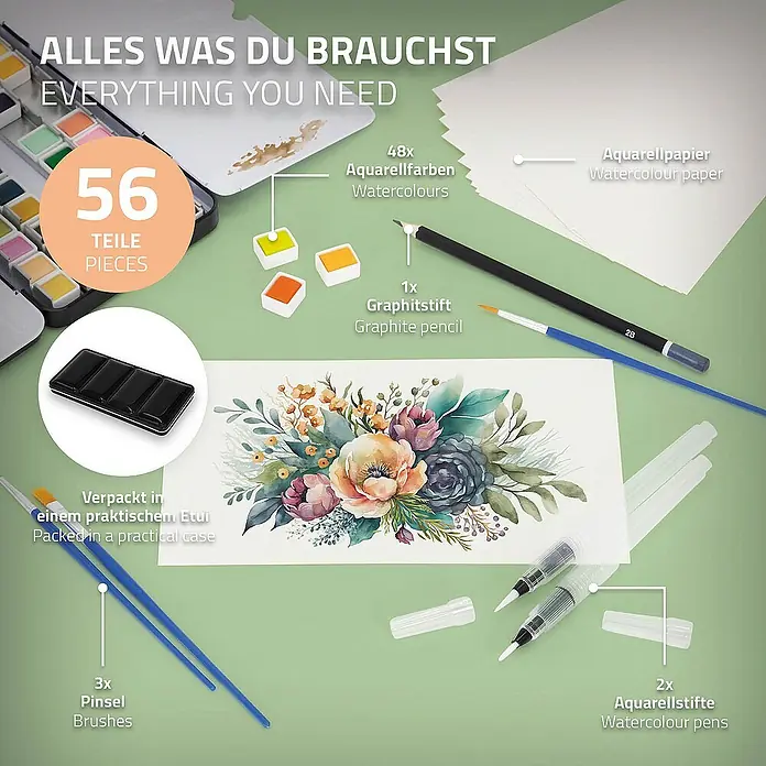 ECD Germany Aquarellfarben-Set 48 Farben, Pinsel, Bleistift 2B, Aquarellstift - Mehrfarbig - Ein Aquarellfarben-Set mit 56 Teilen, inklusive Farben, Pinsel, Papier und Stiften, verpackt in einem praktischen Etui für Künstler.