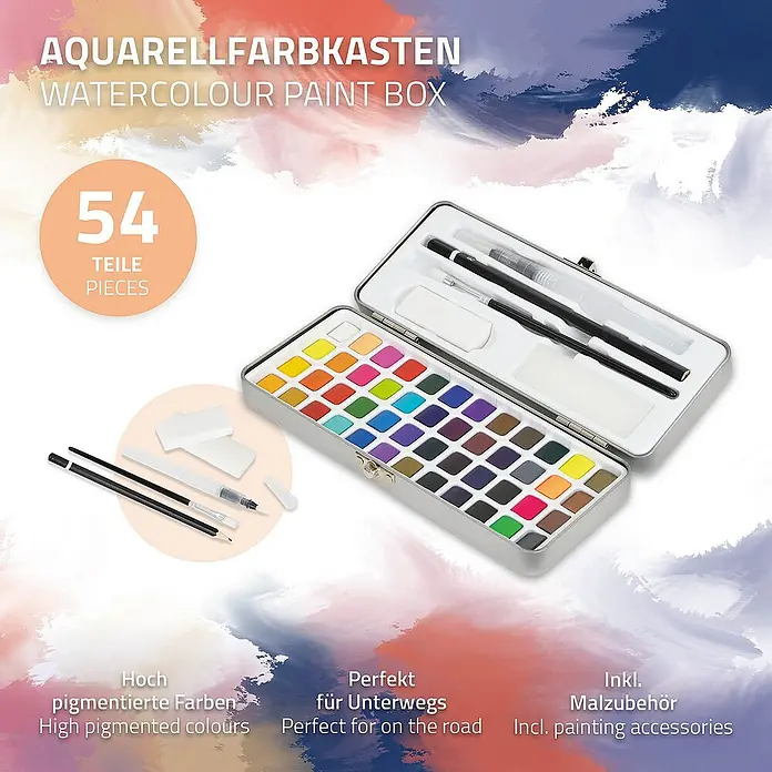 ECD Germany Aquarellfarben-Set 48 Farben, Pinsel, Bleistift 2B, Aquarellstift - Silber - Aquarellfarbkasten mit 54 Teilen, inklusive Farben, Pinsel und Zubehör. Ideal für unterwegs und hochpigmentierte Farben.