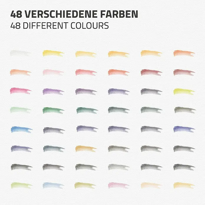 ECD Germany Aquarellfarben-Set 48 Farben, Pinsel, Bleistift 2B, Aquarellstift - Mehrfarbig - Farbkarte mit 48 verschiedenen Farben, die eine breite Palette an Farbtönen für künstlerische Projekte bietet.