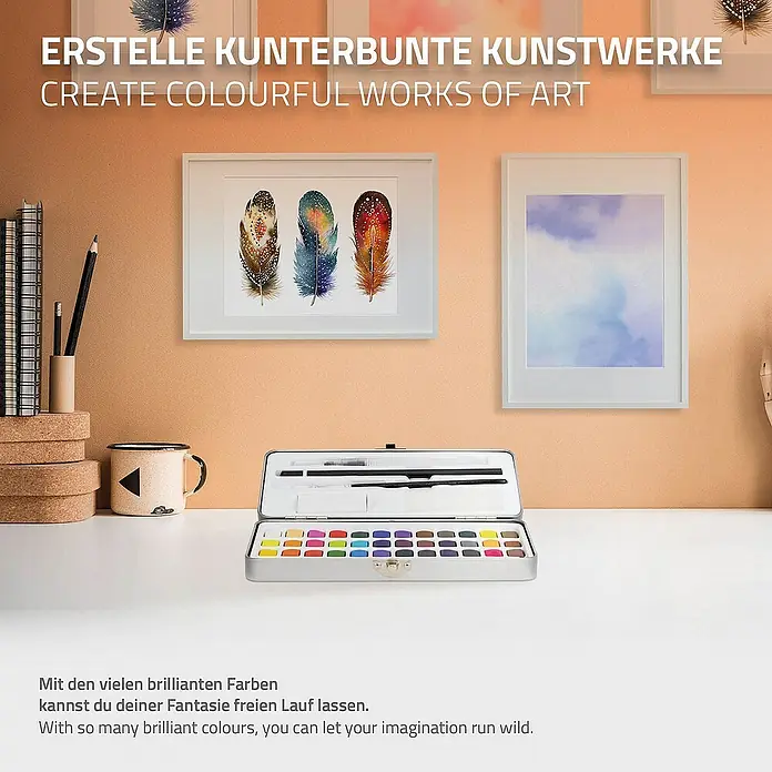 ECD Germany Aquarellfarben-Set 48 Farben, Pinsel, Bleistift 2B, Aquarellstift - Silber - Aquarellfarben-Set mit verschiedenen Farben und Pinseln, ideal für Künstler und Hobbyisten.
