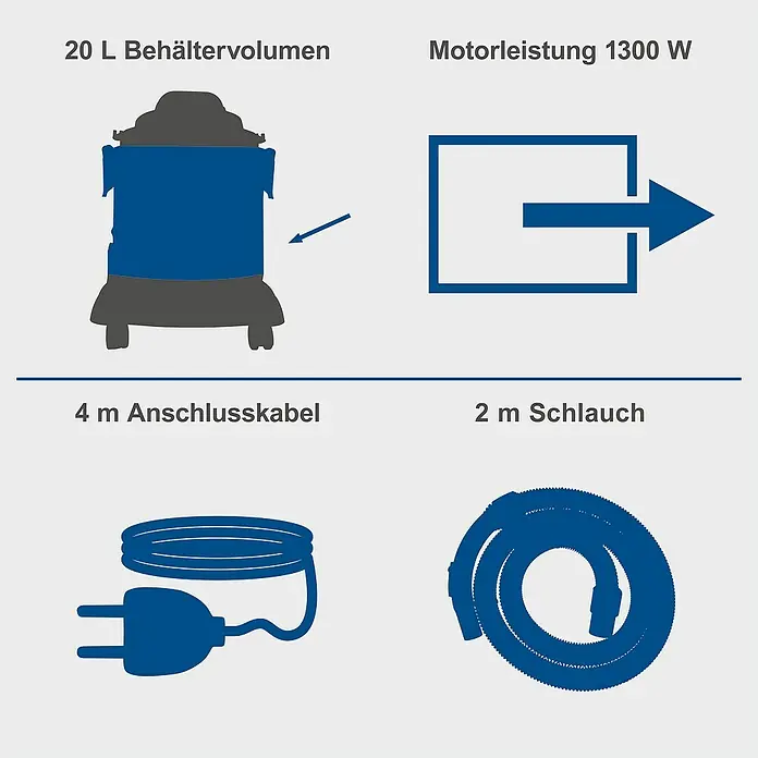 Scheppach Elektro-Nass- & Trockensauger VC20 - 1.300 W, Behältervolumen: 20 l, Manuell - Staubsauger-Spezifikationen: 20 L Behälter, 1300 W Motor, 4 m Kabel, 2 m Schlauch für optimale Reinigung.