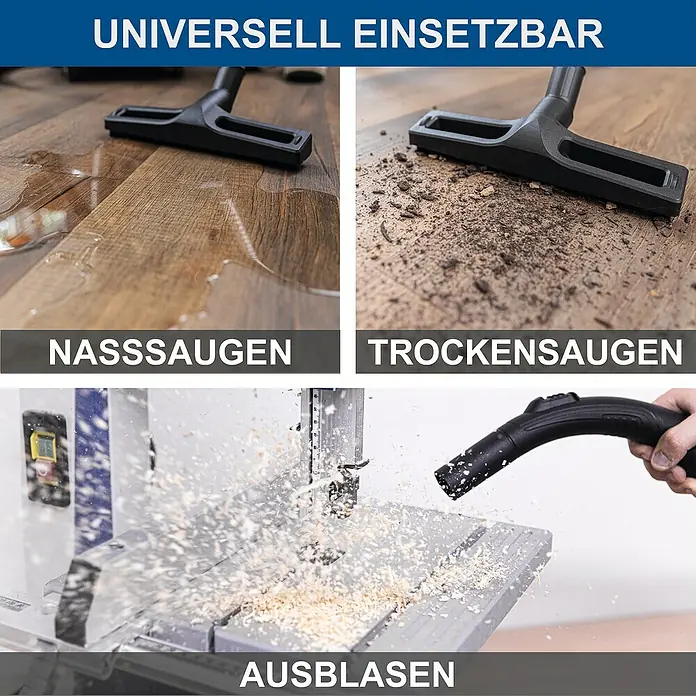 Scheppach Elektro-Nass- & Trockensauger VC50 - Behältervolumen: 50 l, Manuell - Vielseitige Reinigungsdüse für Nass-, Trocken- und Ausblasfunktionen. Universell einsetzbar für verschiedene Reinigungsanforderungen.